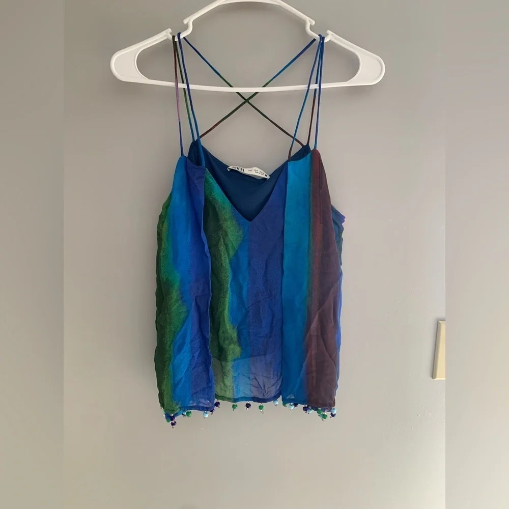 Womens Zara Multicolored Matching Beaded Trim Strap Camisole and Skirt Set S
